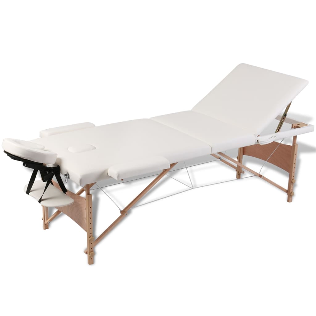 Massageliege Klappbar 3-Zonen mit Holzgestell Cremeweiß