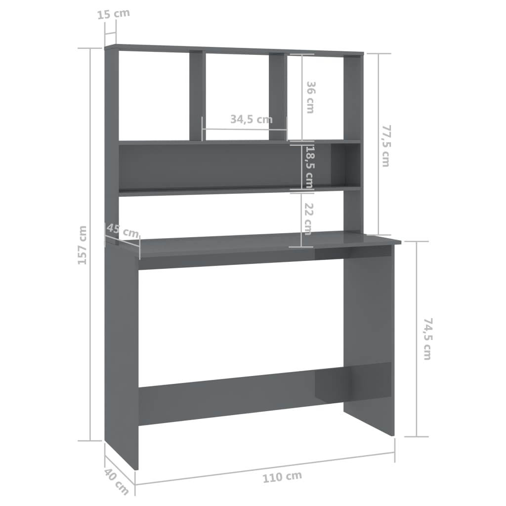 Schreibtisch mit Regalen Hochglanz-Grau 110x45x157 cm