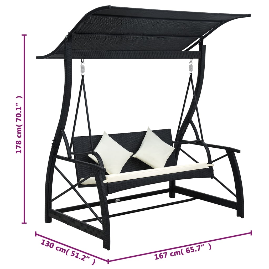 Hollywoodschaukel 3-Sitzer mit Dach Poly Rattan Schwarz