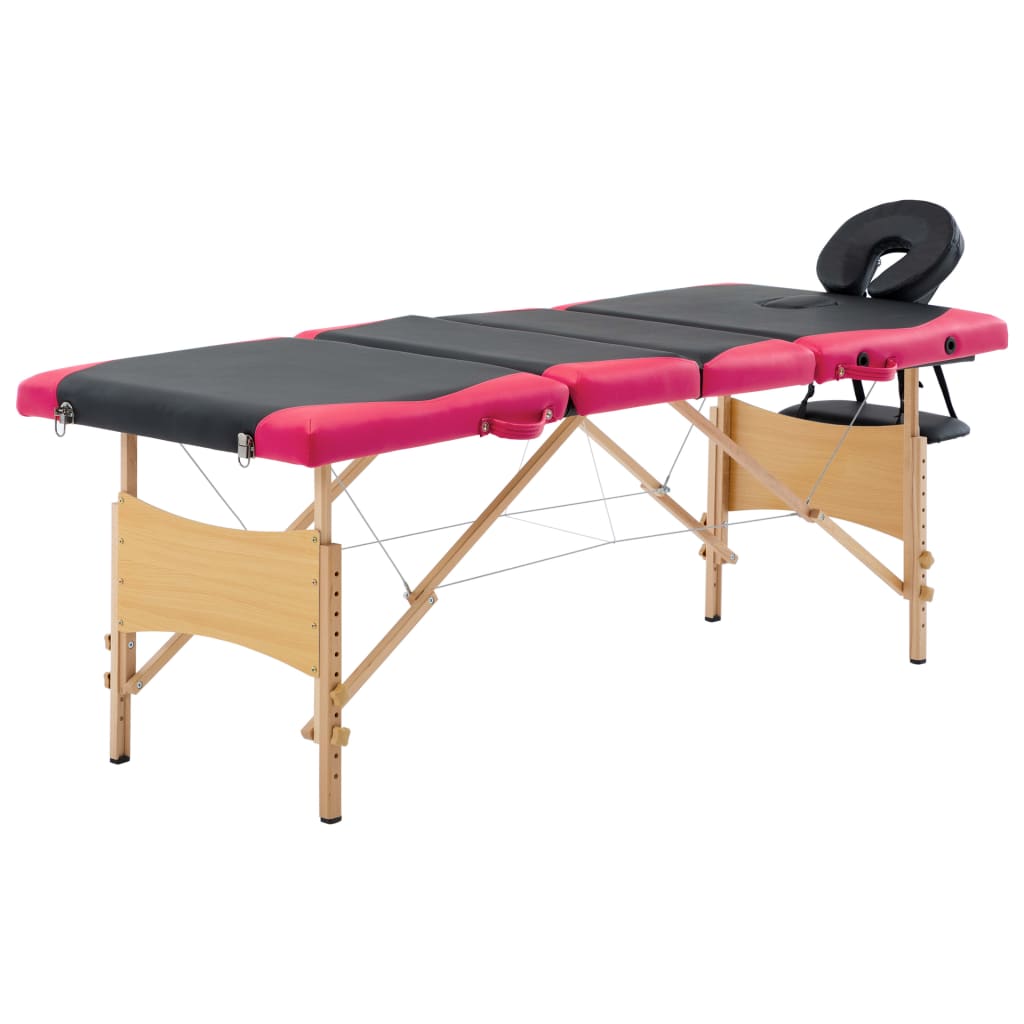 Massageliege Klappbar 4-Zonen mit Holzgestell Schwarz und Rosa