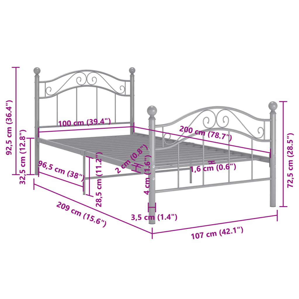 Bett Grau Metall 100x200 cm