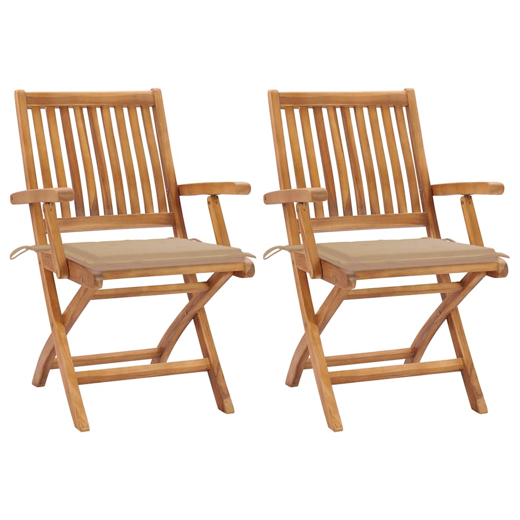 Gartenstühle 2 Stk. mit Beige Kissen Teak Massivholz