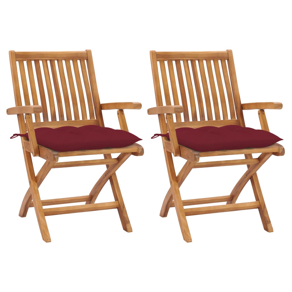 Gartenstühle 2 Stk. mit Weinroten Kissen Massivholz Teak