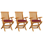 Gartenstühle mit Weinroten Kissen 3 Stk. Massivholz Teak