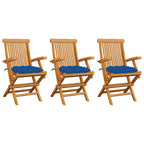Gartenstühle mit Blauen Kissen 3 Stk. Massivholz Teak