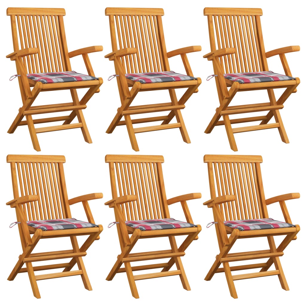 Gartenstühle Rote Karomuster-Kissen 6 Stk. Massivholz Teak
