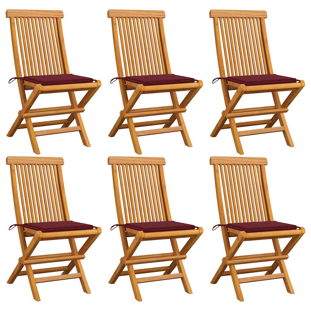 Gartenstühle mit Weinroten Kissen 6 Stk. Massivholz Teak
