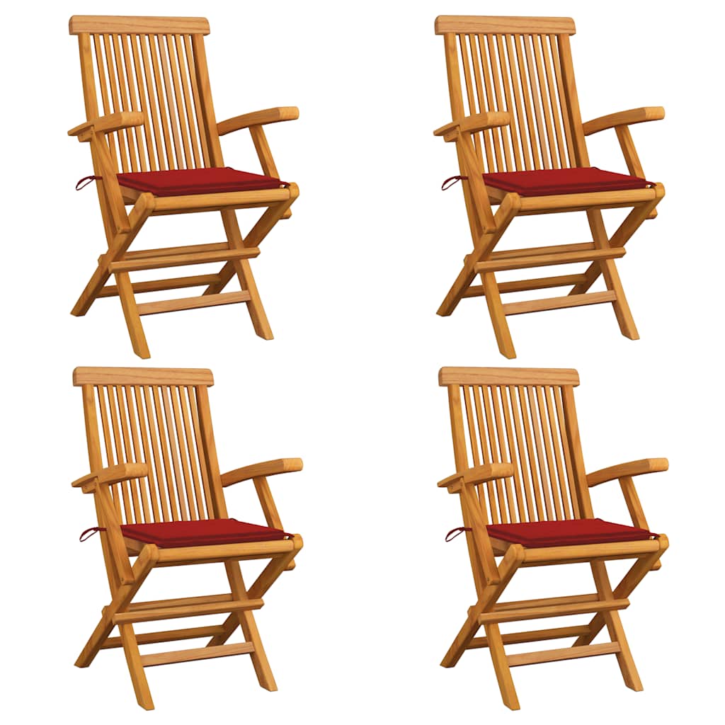 Gartenstühle mit Roten Kissen 4 Stk. Massivholz Teak