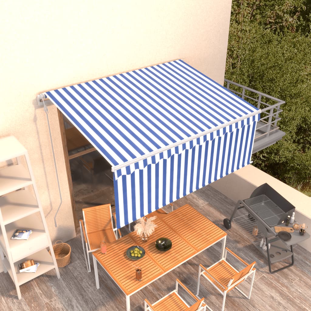 Markise Automatisch Einziehbar mit Volant 3x2,5 m Blau und Weiß
