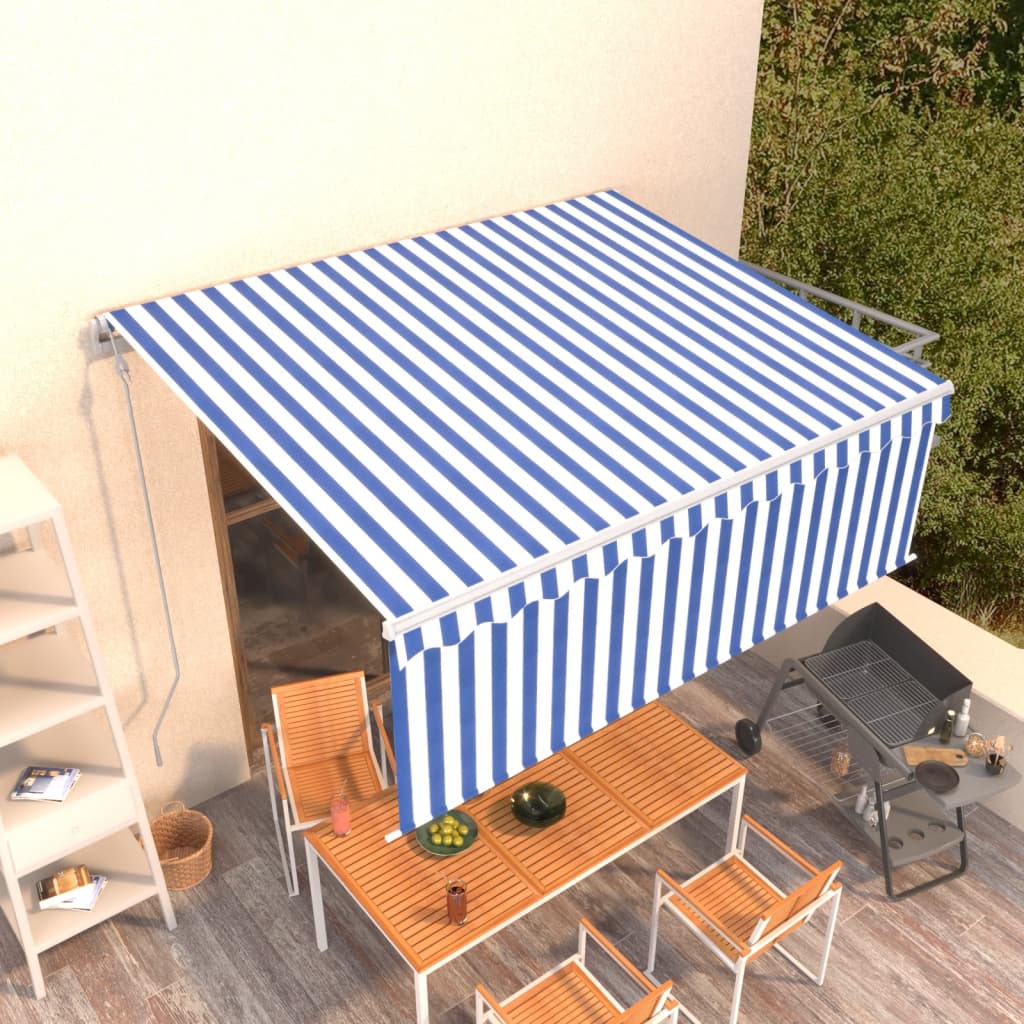 Markise Automatisch Einziehbar mit Volant 4,5x3 m Blau und Weiß