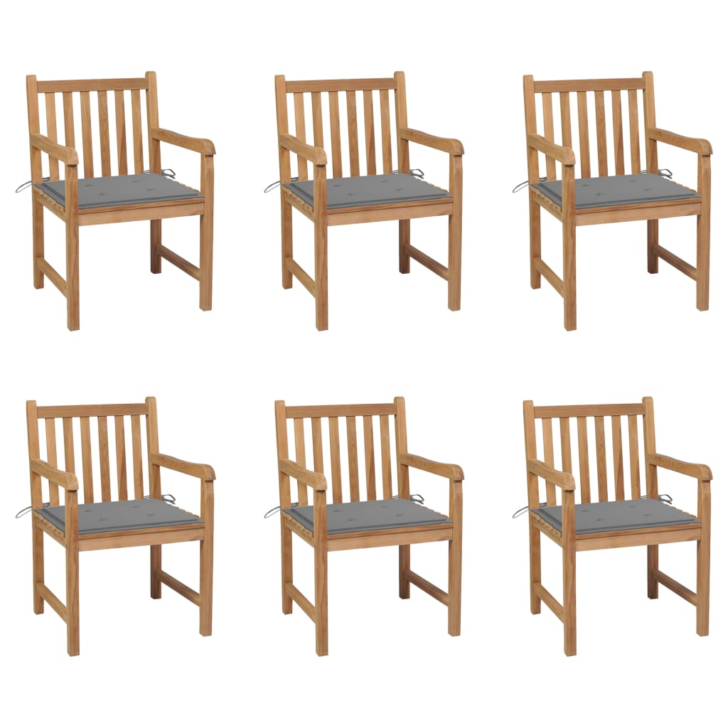 Gartenstühle 6 Stk. mit Grauen Kissen Massivholz Teak