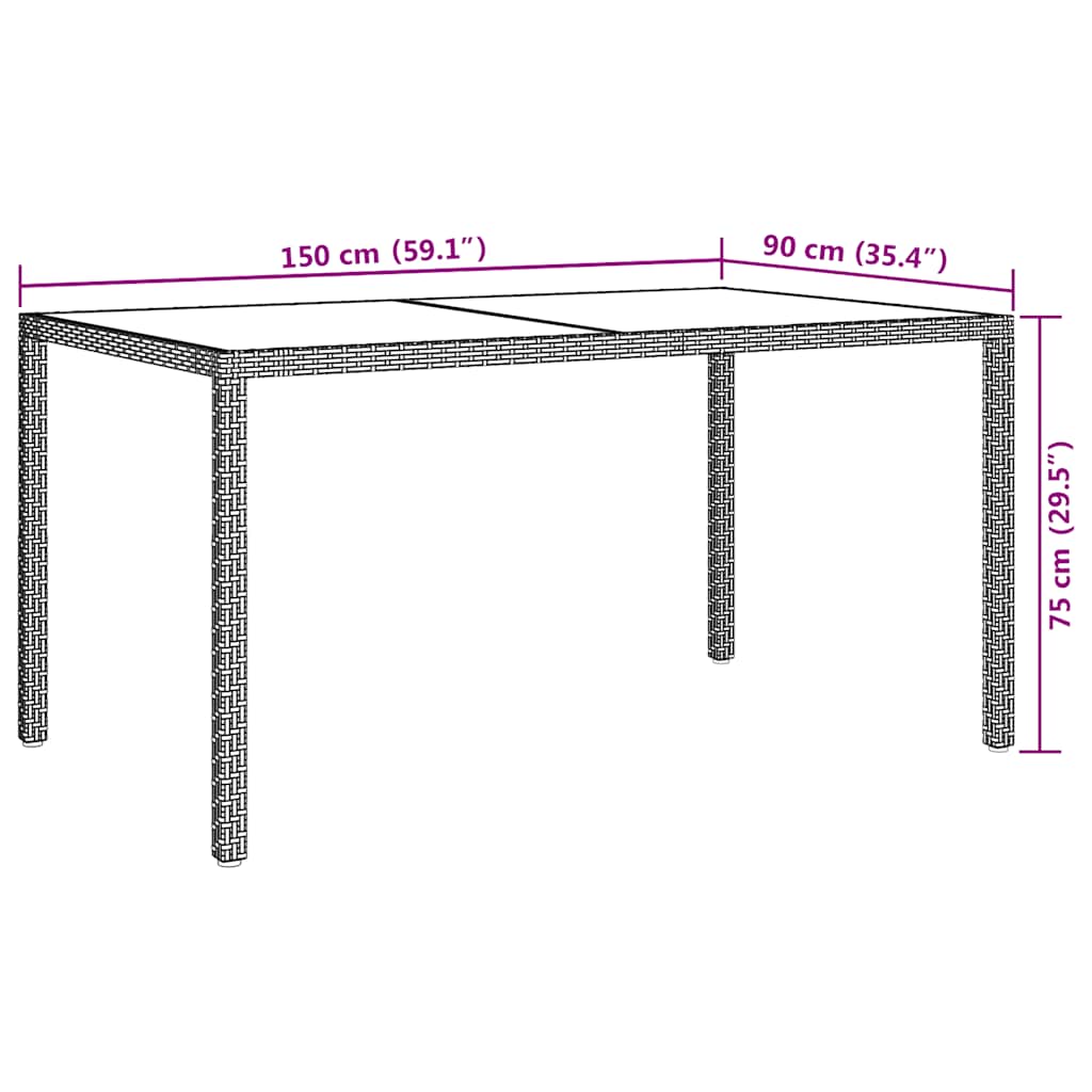 Gartentisch 150x90x75 cm Gehärtetes Glas Poly Rattan Schwarz