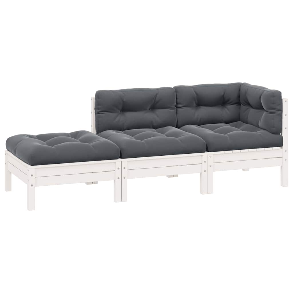 3-tlg. Garten-Lounge-Set mit Kissen Weiß Kiefer Massivholz