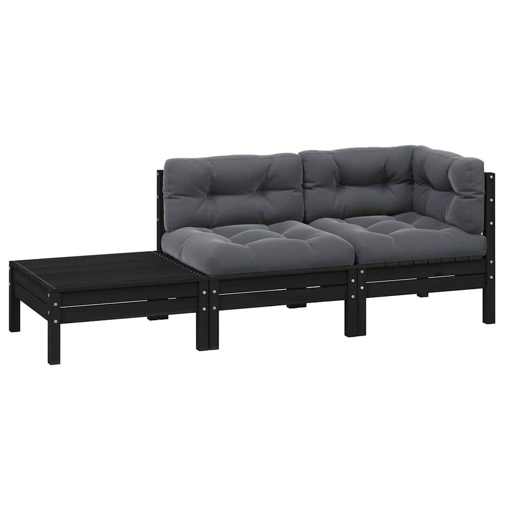 3-tlg. Garten-Lounge-Set mit Kissen Schwarz Kiefer Massivholz