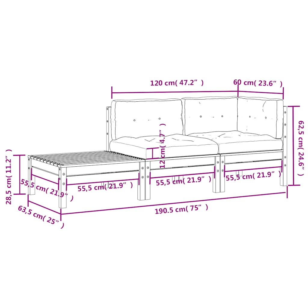 3-tlg. Garten-Lounge-Set mit Kissen Schwarz Kiefer Massivholz