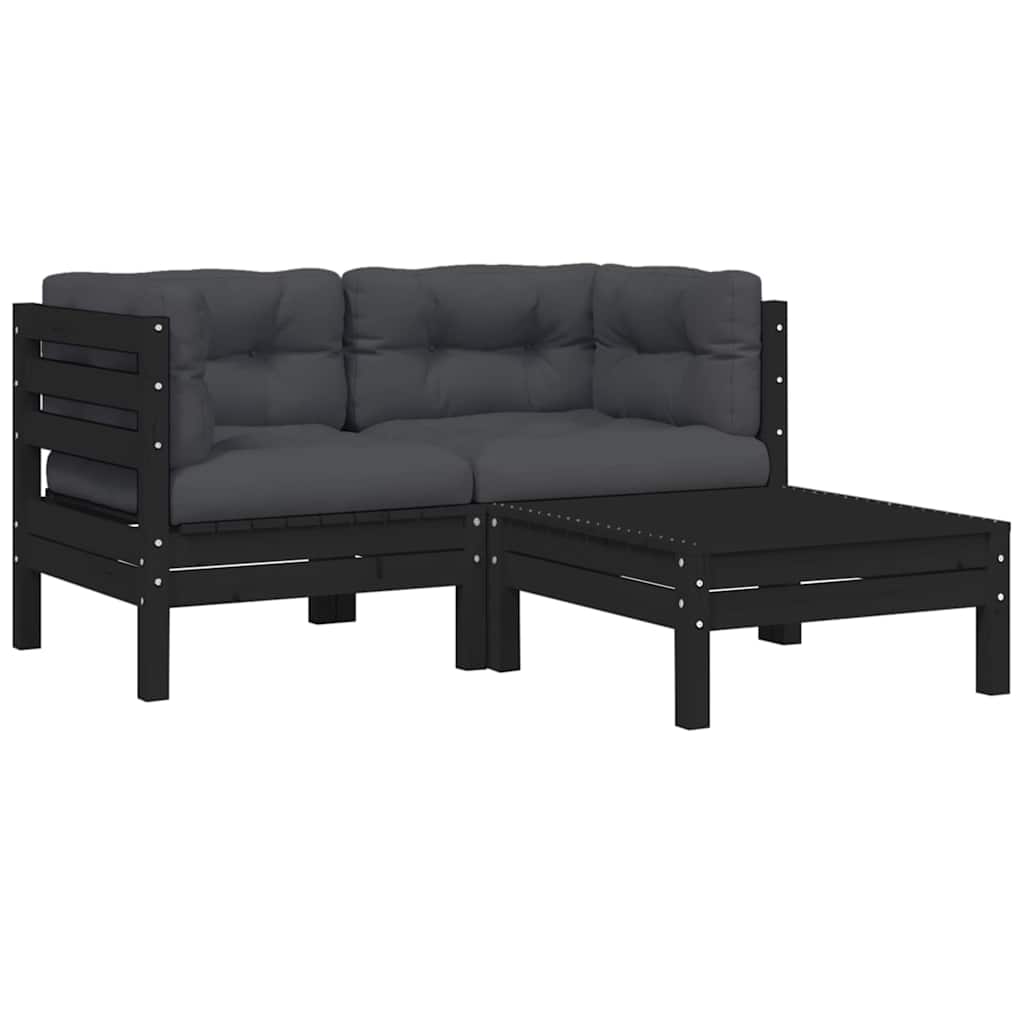 3-tlg. Garten-Lounge-Set mit Kissen Schwarz Massivholz Kiefer