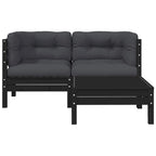 3-tlg. Garten-Lounge-Set mit Kissen Schwarz Massivholz Kiefer