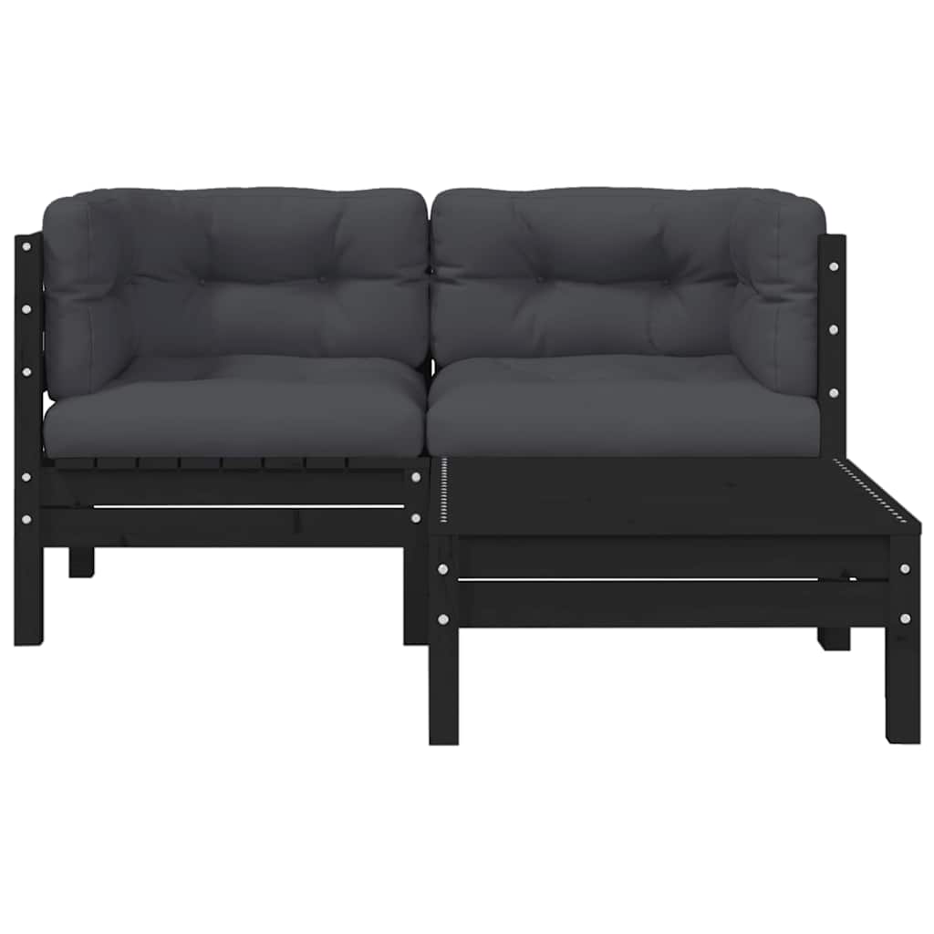 3-tlg. Garten-Lounge-Set mit Kissen Schwarz Massivholz Kiefer