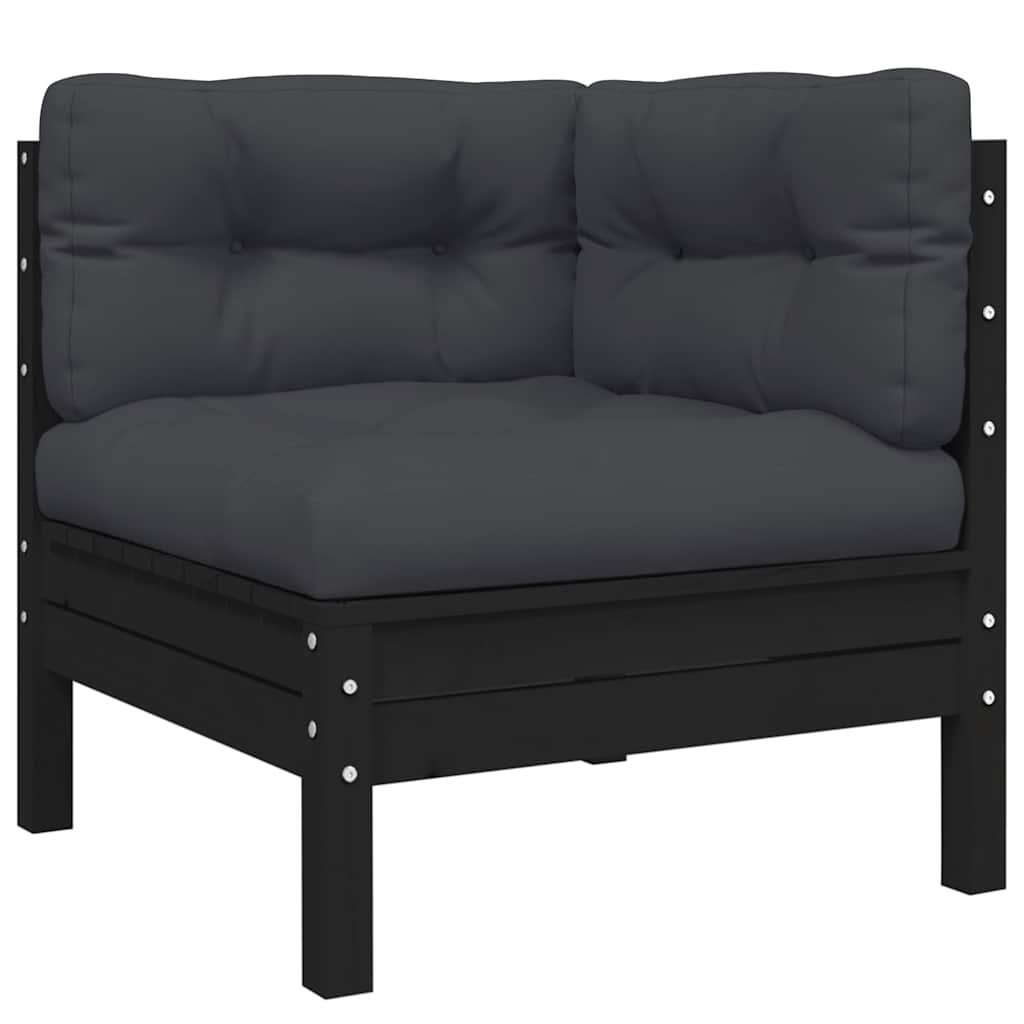 3-tlg. Garten-Lounge-Set mit Kissen Schwarz Massivholz Kiefer