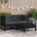 3-tlg. Garten-Lounge-Set mit Kissen Schwarz Massivholz Kiefer