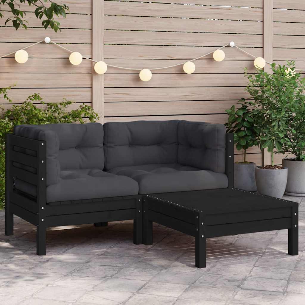 3-tlg. Garten-Lounge-Set mit Kissen Schwarz Massivholz Kiefer