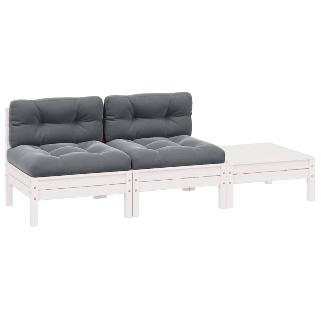 3-tlg. Garten-Lounge-Set mit Kissen Weiß Kiefer Massivholz