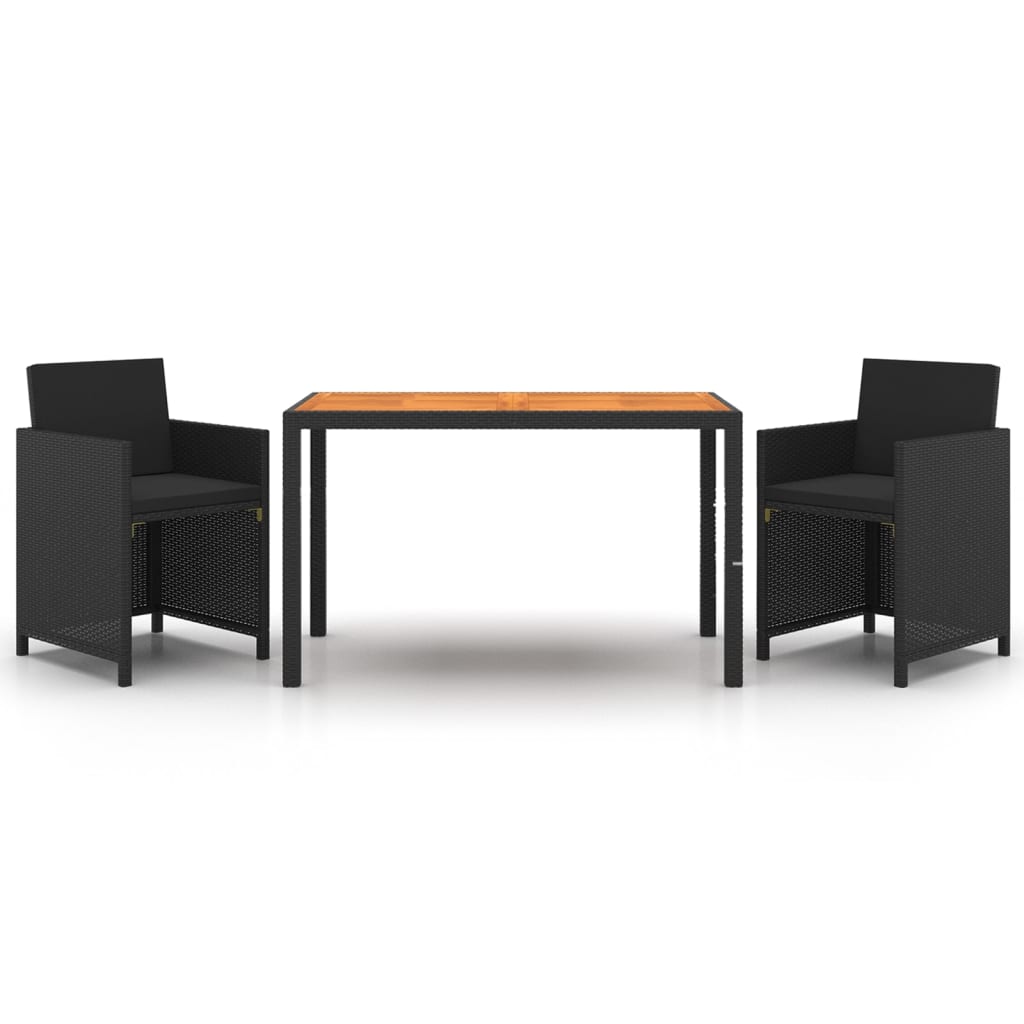 3-tlg. Garten-Essgruppe mit Kissen Poly Rattan Schwarz
