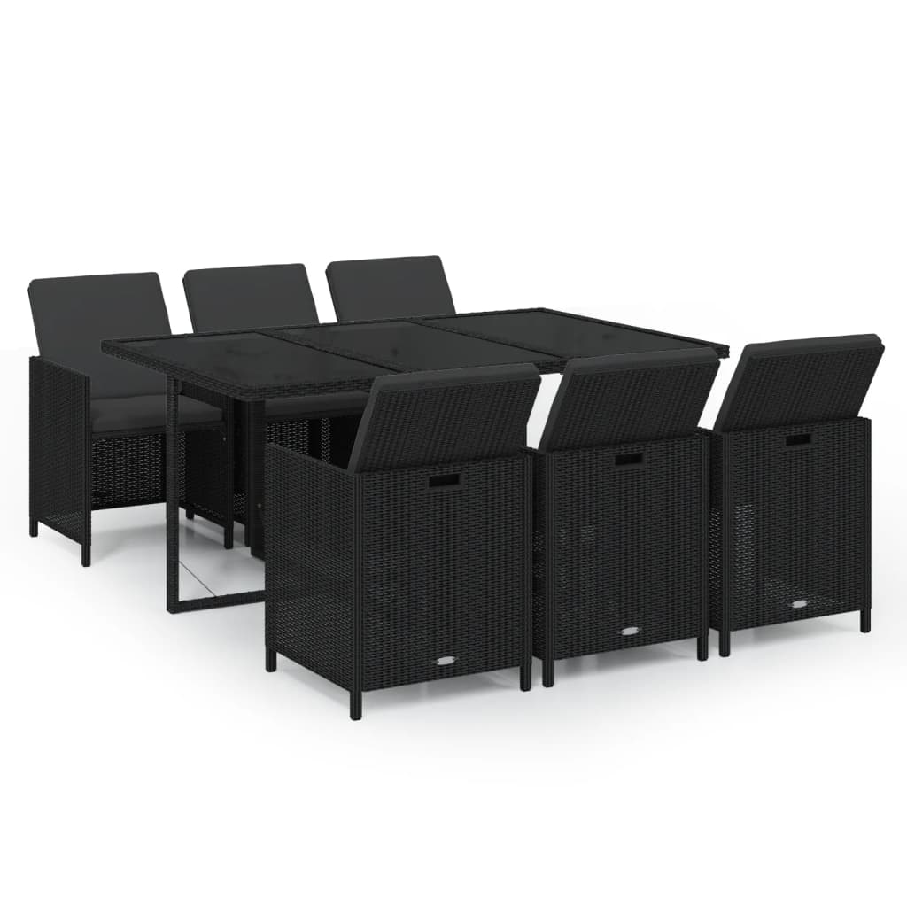 7-tlg. Garten-Essgruppe mit Kissen Poly Rattan Schwarz