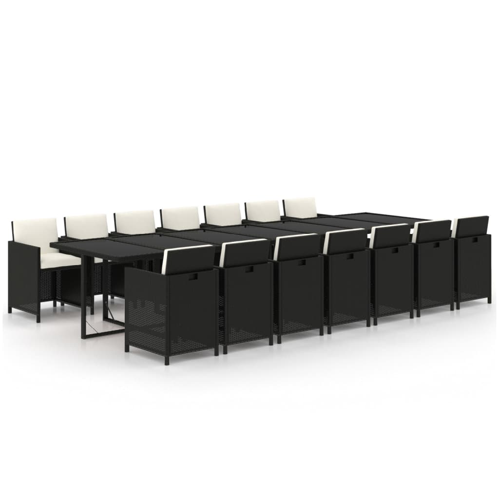 15-tlg. Garten-Essgruppe mit Kissen Poly Rattan Schwarz