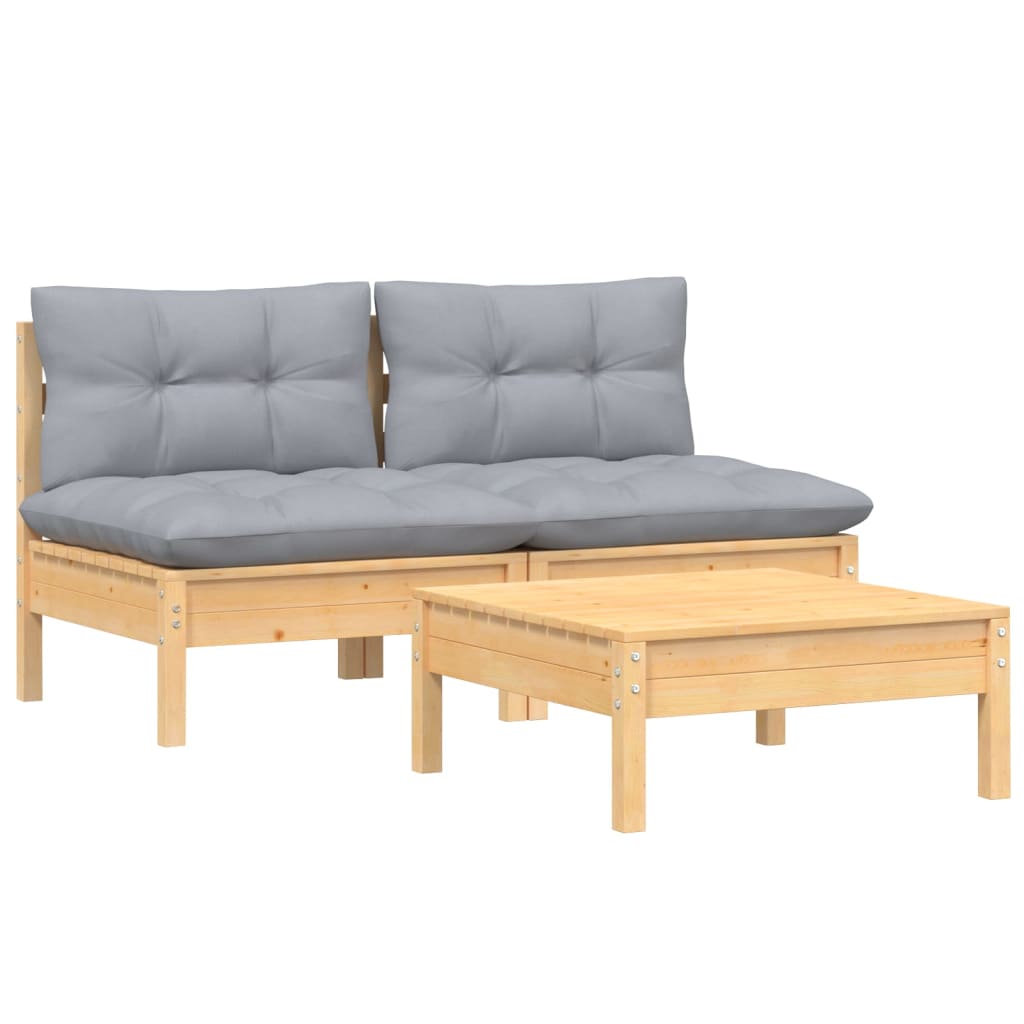 3-tlg. Garten-Lounge-Set mit Grauen Kissen Kiefernholz