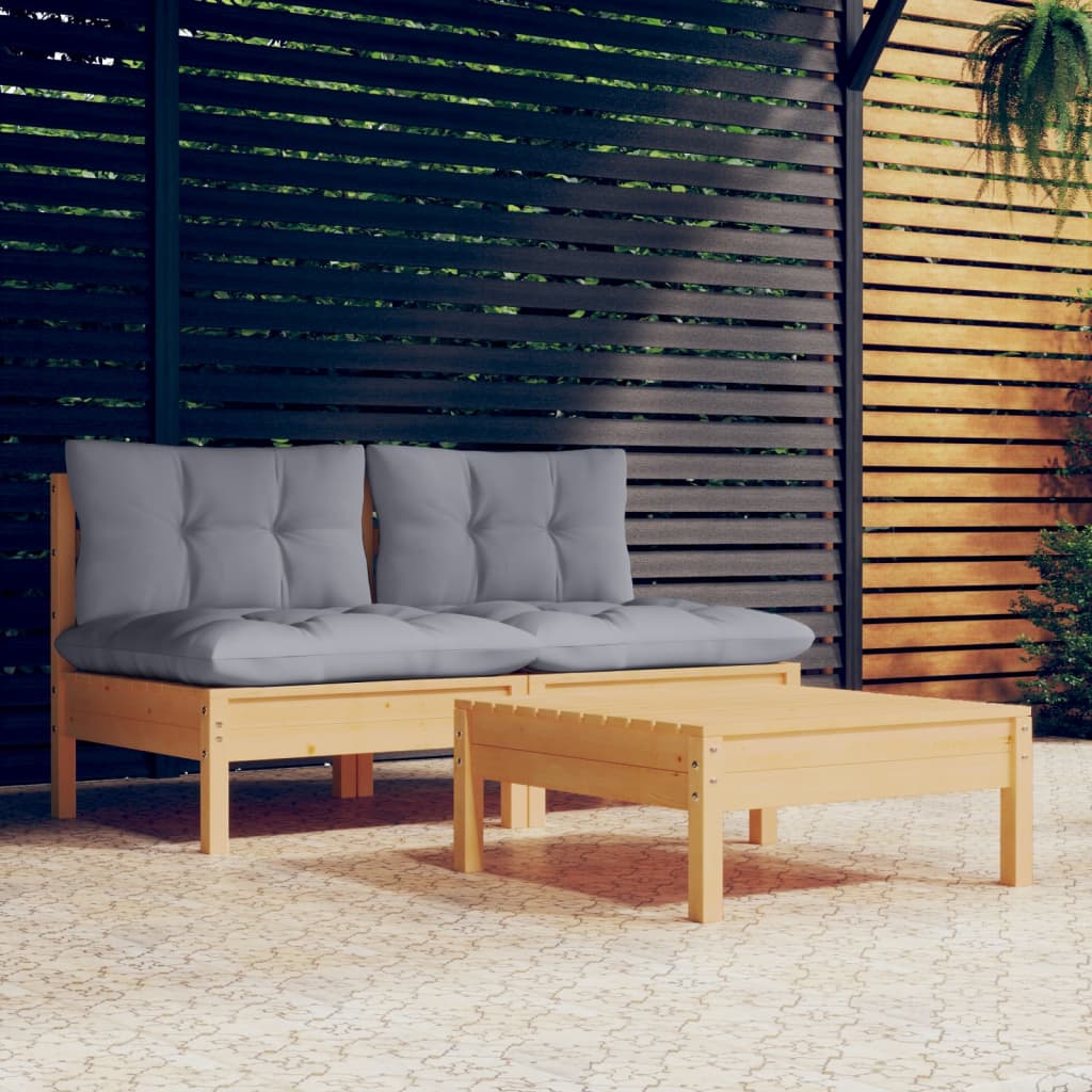 3-tlg. Garten-Lounge-Set mit Grauen Kissen Kiefernholz