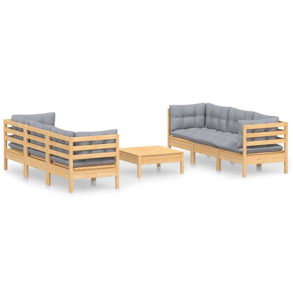 7-tlg. Garten-Lounge-Set mit Grauen Kissen Kiefernholz