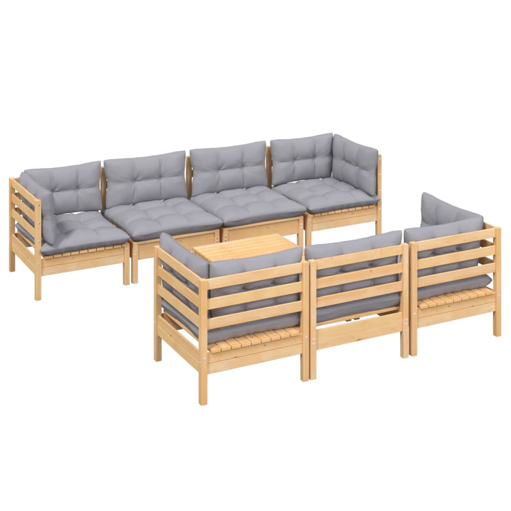 8-tlg. Garten-Lounge-Set mit Grauen Kissen Kiefer Massivholz