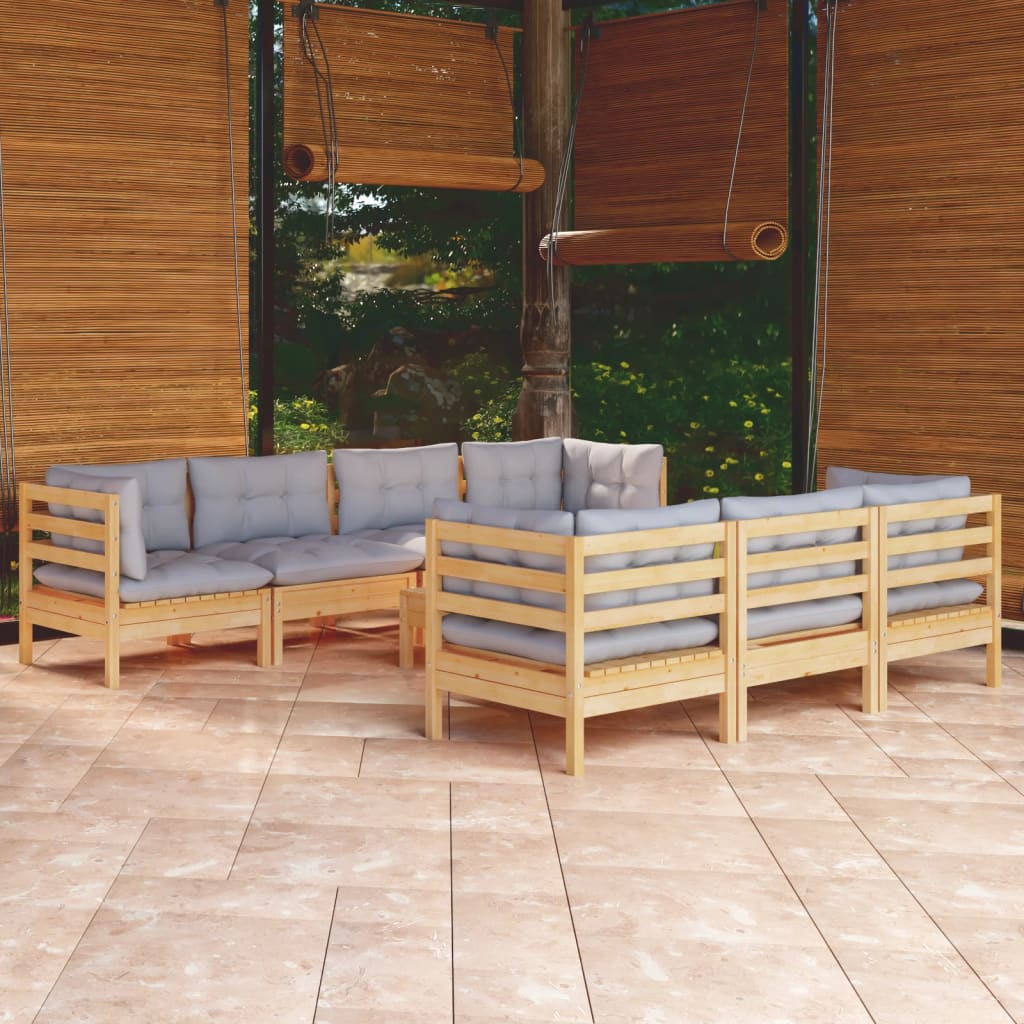 8-tlg. Garten-Lounge-Set mit Grauen Kissen Kiefer Massivholz