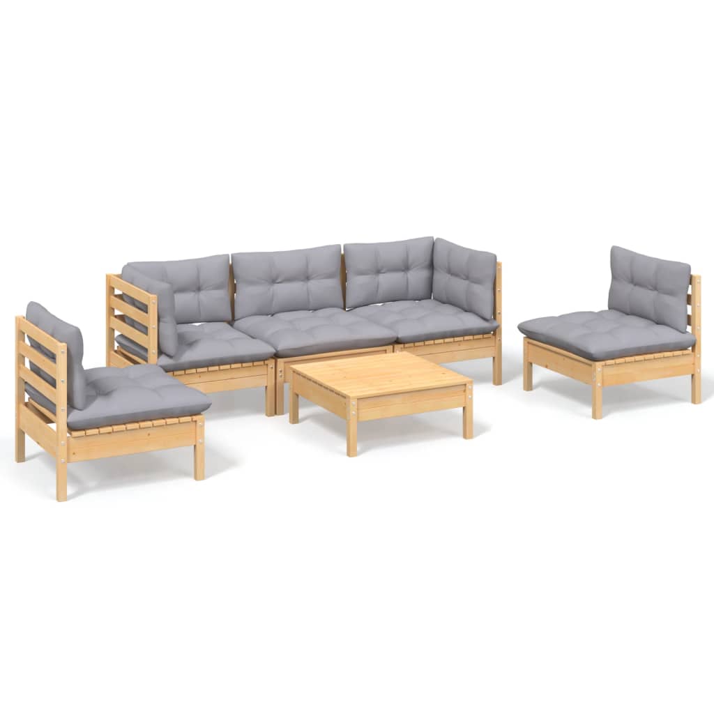 6-tlg. Garten-Lounge-Set mit Grauen Kissen Kiefer Massivholz