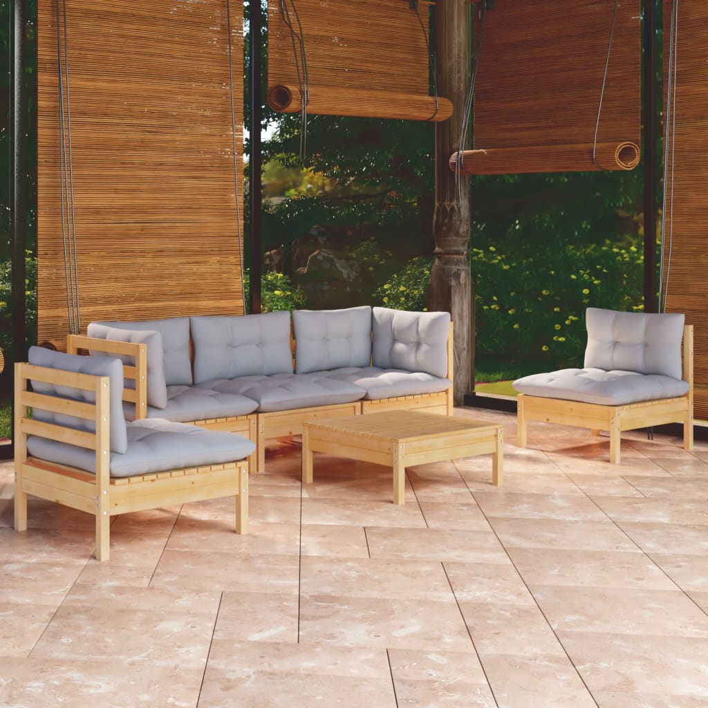 6-tlg. Garten-Lounge-Set mit Grauen Kissen Kiefer Massivholz