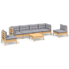 7-tlg. Garten-Lounge-Set mit Grauen Kissen Kiefer Massivholz