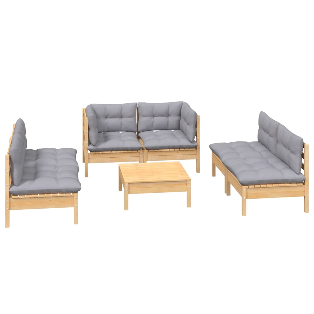7-tlg. Garten-Lounge-Set mit Grauen Kissen Kiefer Massivholz