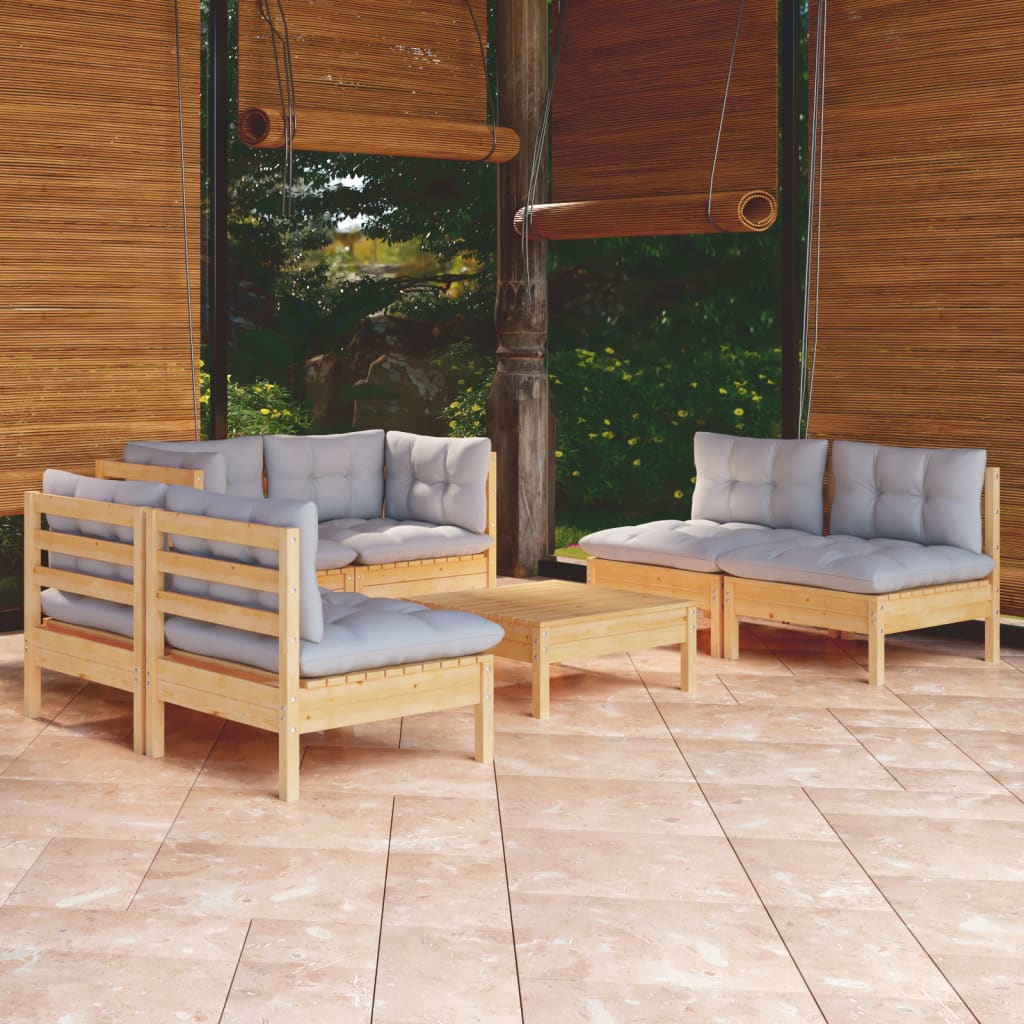 7-tlg. Garten-Lounge-Set mit Grauen Kissen Kiefer Massivholz