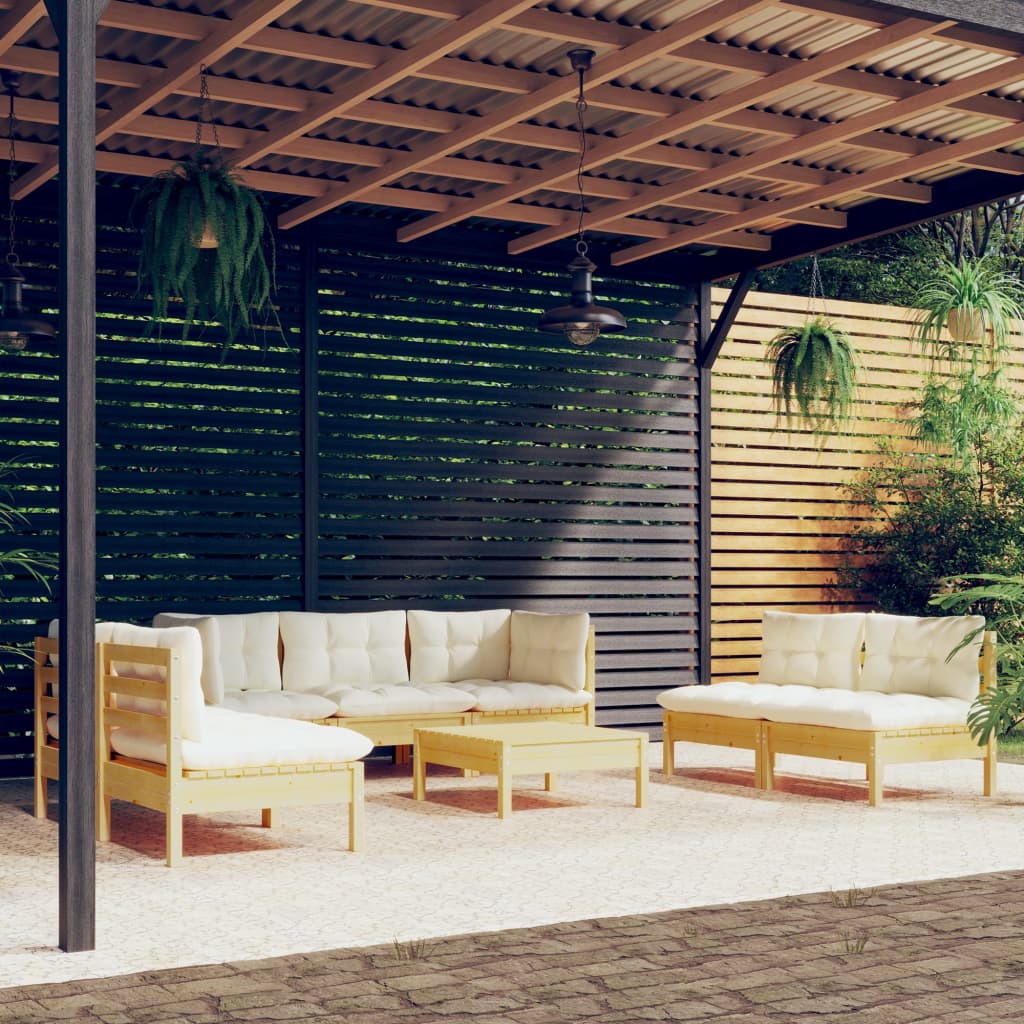 8-tlg. Garten-Lounge-Set mit Creme Kissen Massivholz Kiefer