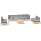 9-tlg. Garten-Lounge-Set mit Grauen Kissen Kiefer Massivholz