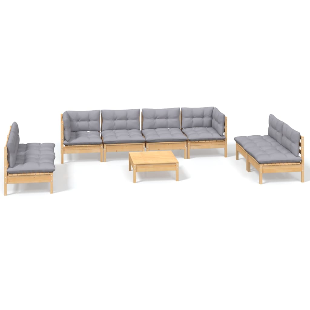9-tlg. Garten-Lounge-Set mit Grauen Kissen Kiefer Massivholz