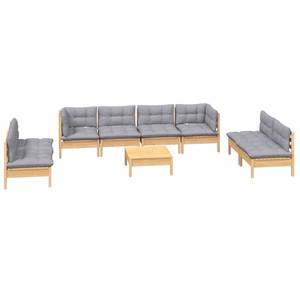 9-tlg. Garten-Lounge-Set mit Grauen Kissen Kiefer Massivholz