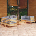 7-tlg. Garten-Lounge-Set mit Grauen Kissen Kiefer Massivholz