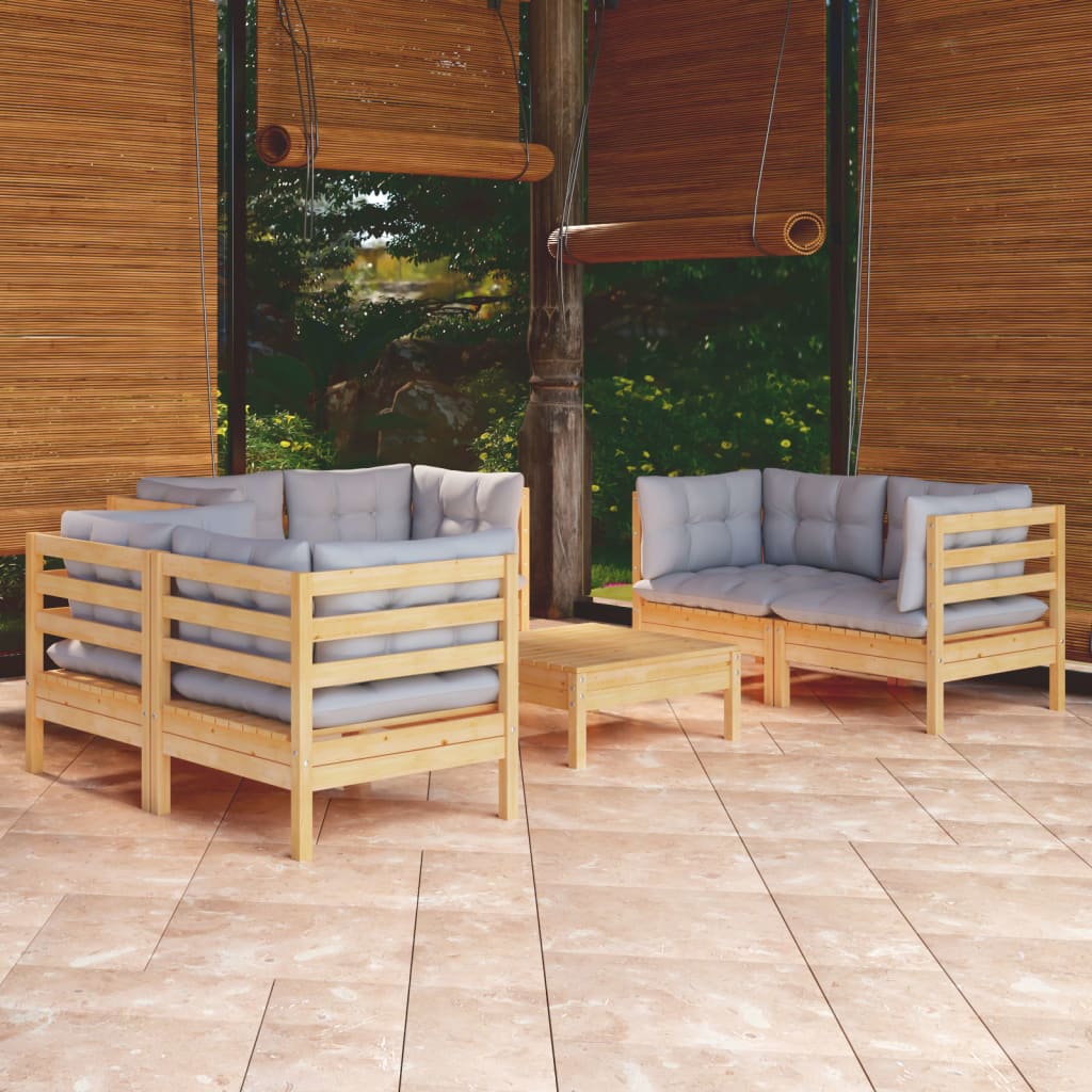 7-tlg. Garten-Lounge-Set mit Grauen Kissen Kiefer Massivholz