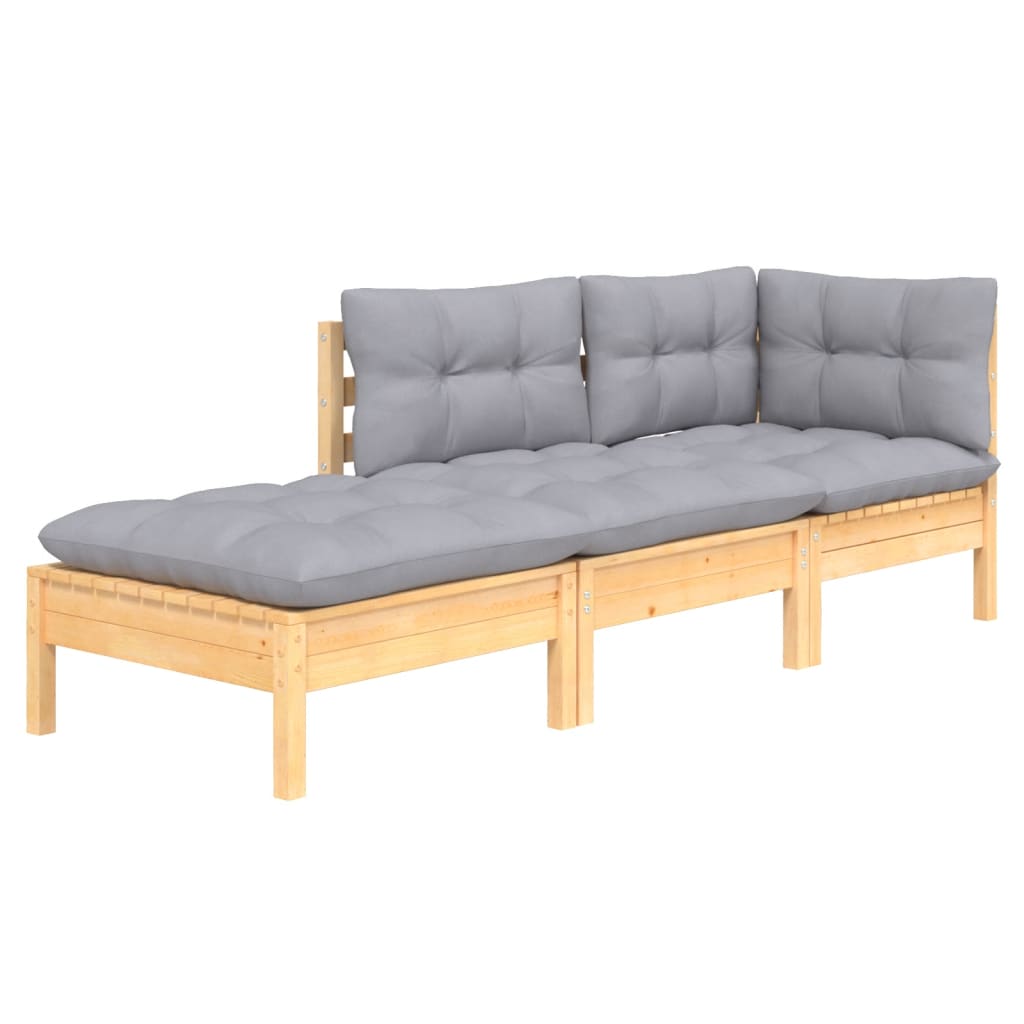 3-tlg. Garten-Lounge-Set mit Grauen Kissen Kiefer Massivholz