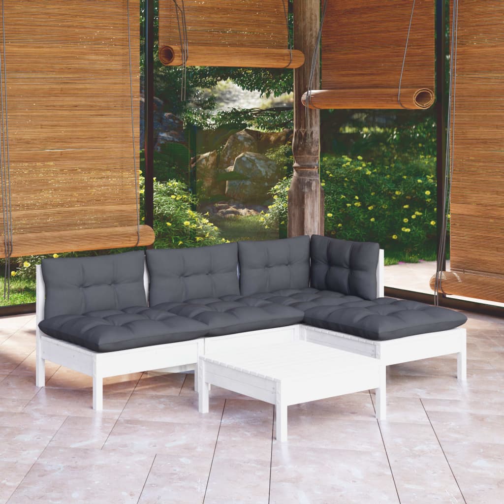 5-tlg. Garten-Lounge-Set mit Kissen Weiß Kiefernholz