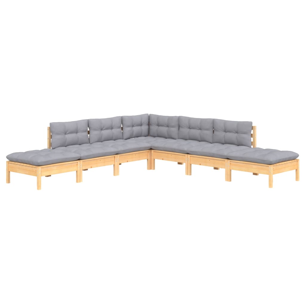 7-tlg. Garten-Lounge-Set mit Grauen Kissen Kiefernholz