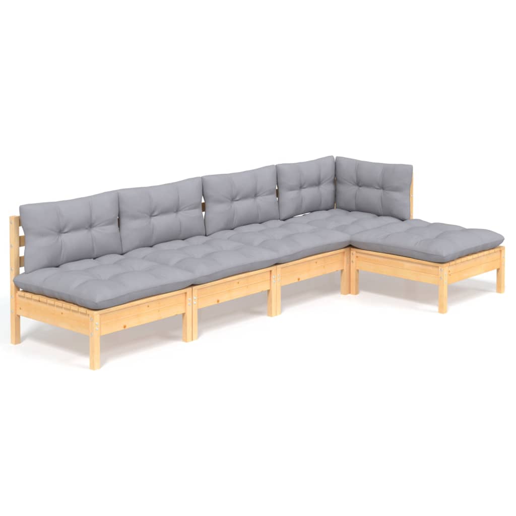 5-tlg. Garten-Lounge-Set mit Grauen Kissen Kiefernholz