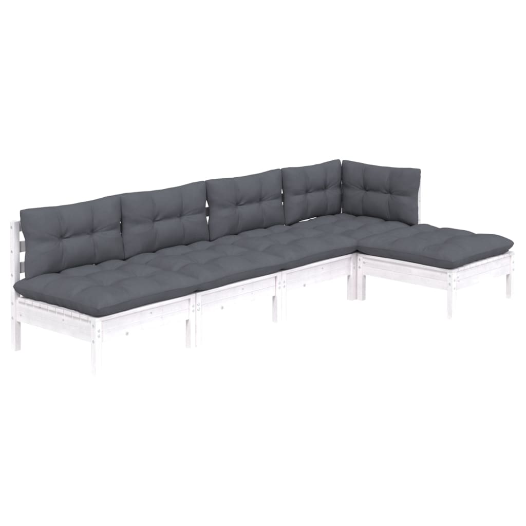 5-tlg. Garten-Lounge-Set mit Kissen Weiß Kiefernholz